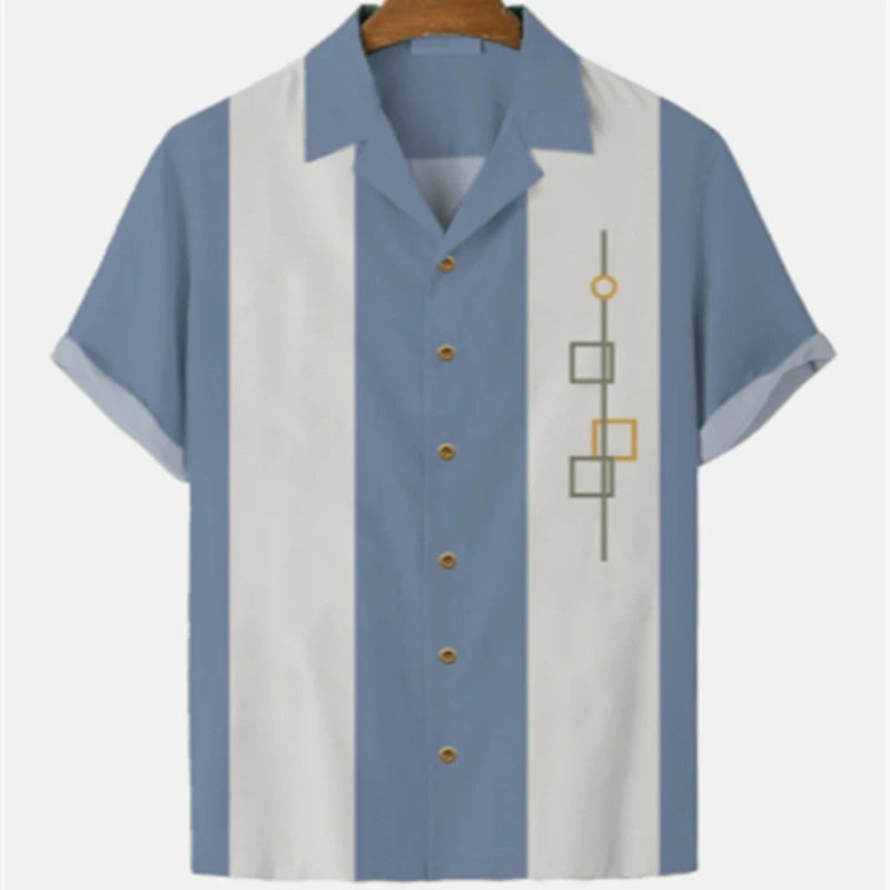 Men's Striped Elegant Blouse with Colorful Print, Ideal for Casual or Social Events. Featuring Short Sleeves and Oversized Fit, Complete with Fashionable Cufflinks