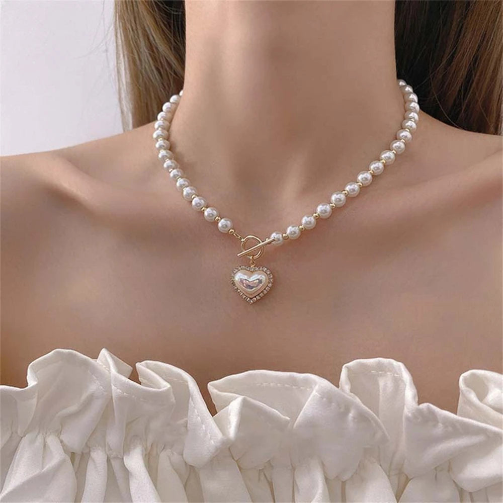 Stylish Simulated Pearl Heart Pendant Choker Necklace - Perfect for Women's Party Jewelry or Valentine's Day Gif