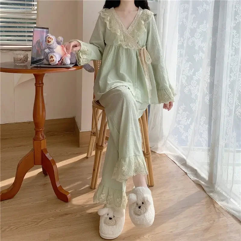 New V-neck Tied Pajama Set for Women Spring Autumn Tops Long Sleeved Pants Lace Lace Pajamas