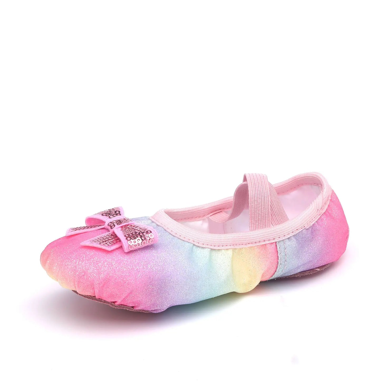 Colorful ballet shoes for girls with soft soles, featuring a shiny rainbow design, cat claw detailing, and a bow. Ideal for children's performances. Enjoy free shipping