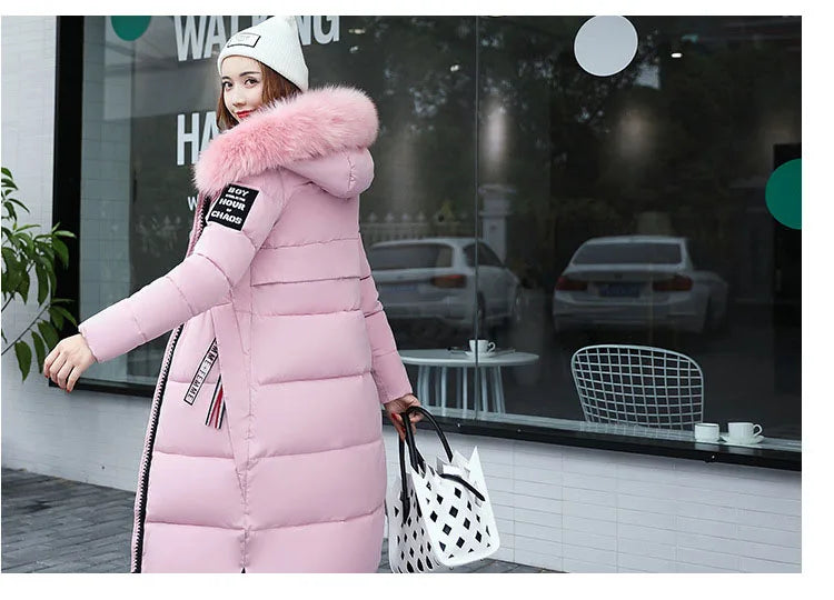 2024 Women's Down Parkas Winter Jacket Big Fur Collar Thick Slim Coat Fashion Hooded Cotton Outerwear Long Autumn Woman Jacket