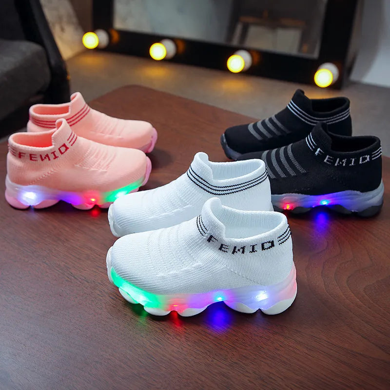 Kids Sneakers Children Baby Girls Boys Letter Mesh Led Luminous Socks Sport Run Sneakers Shoes Infant Light Up Shoes