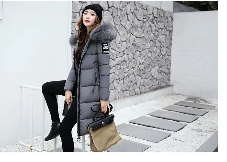 2024 Women's Down Parkas Winter Jacket Big Fur Collar Thick Slim Coat Fashion Hooded Cotton Outerwear Long Autumn Woman Jacket