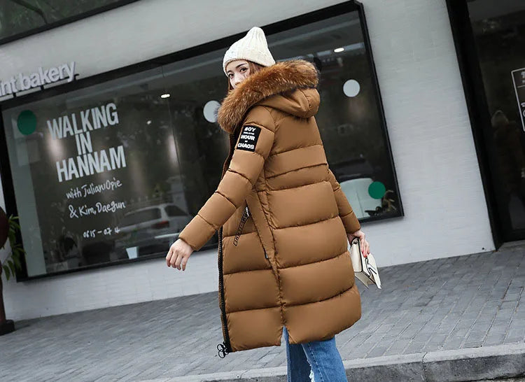 2024 Women's Down Parkas Winter Jacket Big Fur Collar Thick Slim Coat Fashion Hooded Cotton Outerwear Long Autumn Woman Jacket