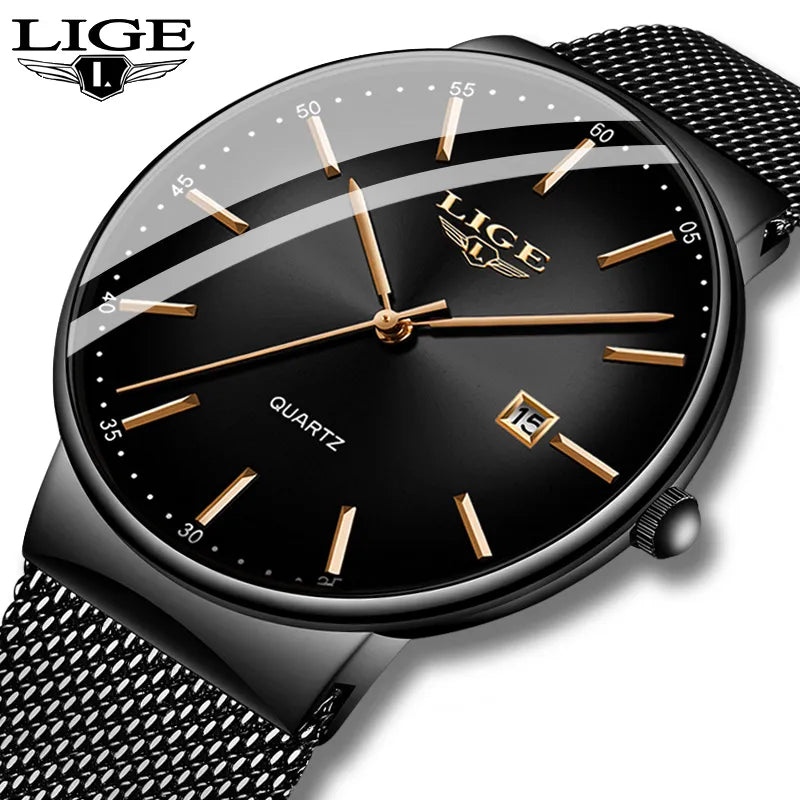 LIGE Men's Fashion Ultra Thin Waterproof Quartz Wristwatch with Date Display for Business