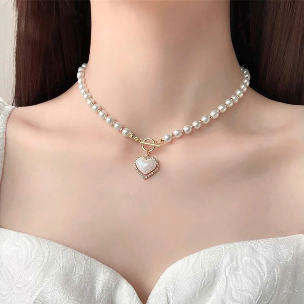 Stylish Simulated Pearl Heart Pendant Choker Necklace - Perfect for Women's Party Jewelry or Valentine's Day Gif