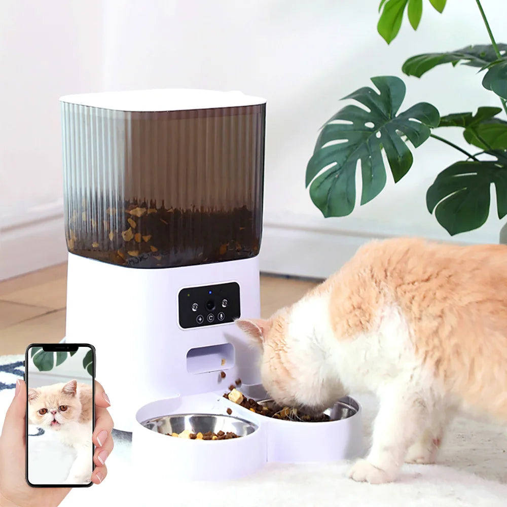 5L Double Bowl Automatic Cat Feeder with WiFi, Voice Recorder, for Cats/Dogs