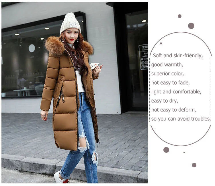 2024 Women's Down Parkas Winter Jacket Big Fur Collar Thick Slim Coat Fashion Hooded Cotton Outerwear Long Autumn Woman Jacket