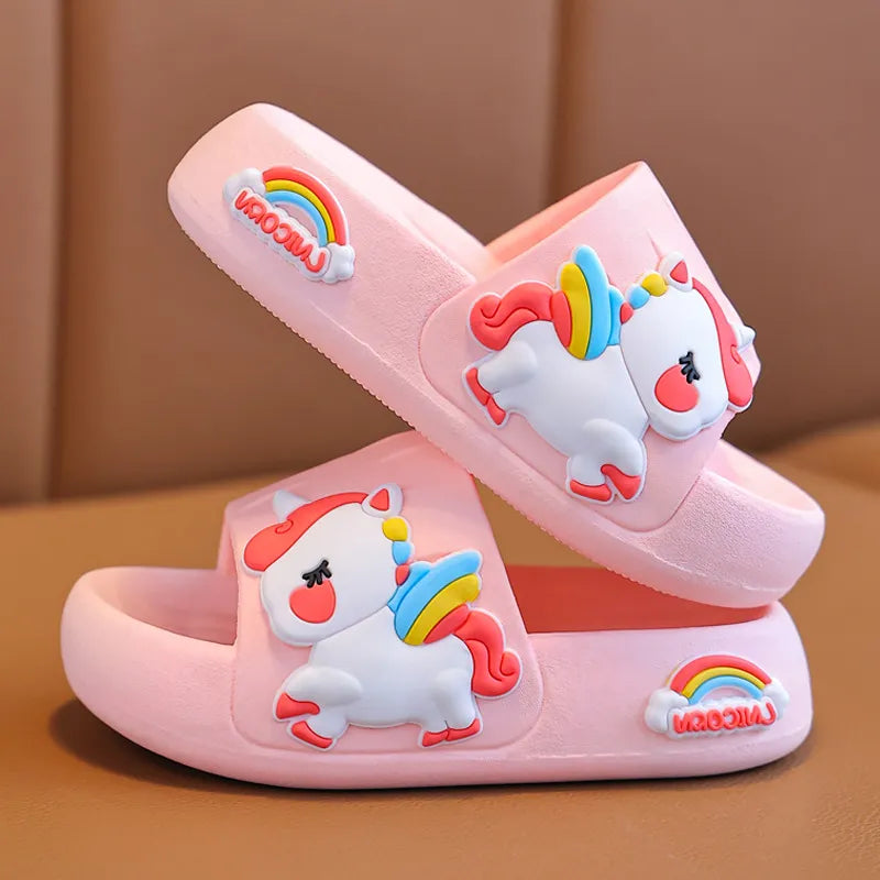 Summer flip flops for kids featuring cartoon unicorn designs, anti-slip thick soles, suitable for children aged 2-8.