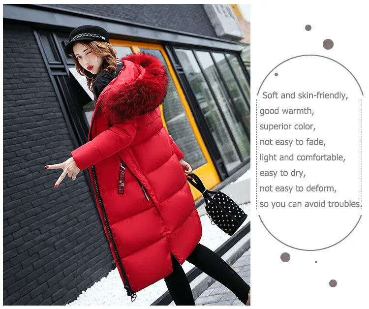 2024 Women's Down Parkas Winter Jacket Big Fur Collar Thick Slim Coat Fashion Hooded Cotton Outerwear Long Autumn Woman Jacket