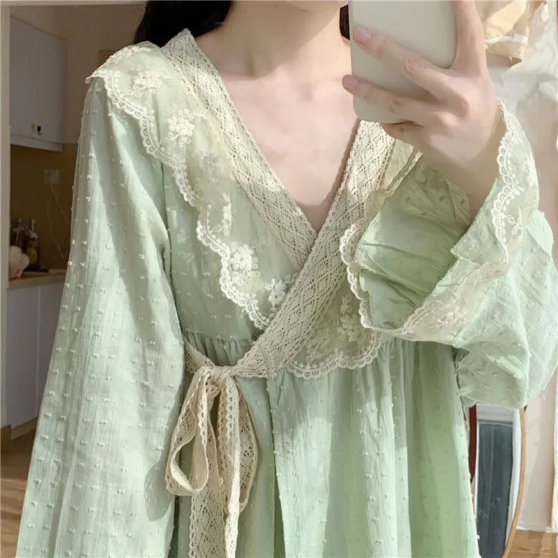 New V-neck Tied Pajama Set for Women Spring Autumn Tops Long Sleeved Pants Lace Lace Pajamas