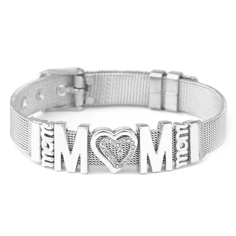 TOGORY Fashion Ladies Stainless Steel Mesh Bracelets Crystal MoM Charms Fine Bracelet Adjustable Bracelet for Mother's Day Gifts