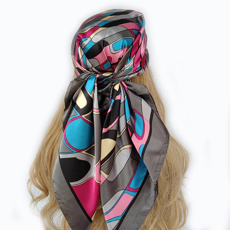 New 90x90cm silk scarf for women, versatile for all seasons. Elevate your style with this vintage-inspired headwrap, also suitable as a hair scarf, hijab, or bandana