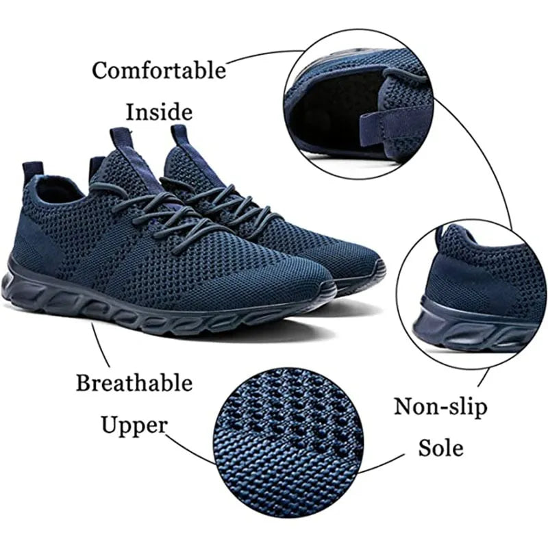 Men's casual sport sneakers in white and black, perfect for outdoor activities such as running, jogging, and tennis, offering breathability and lightweight comfort