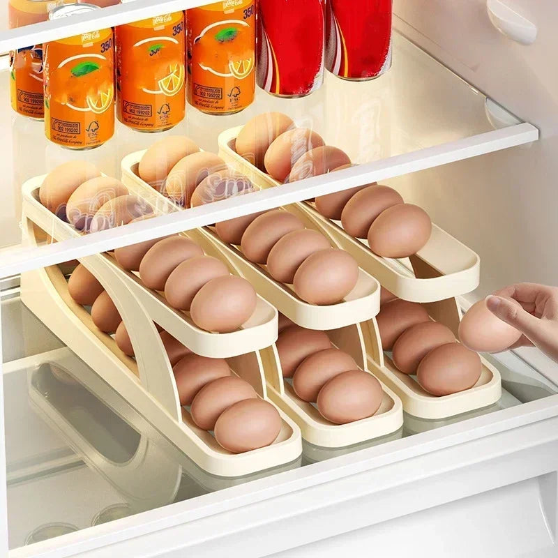 Automatic Scrolling Egg Rack Holder Storage Box Egg Basket Container Organizer Rolldown Refrigerator Egg Dispenser For Kitchen