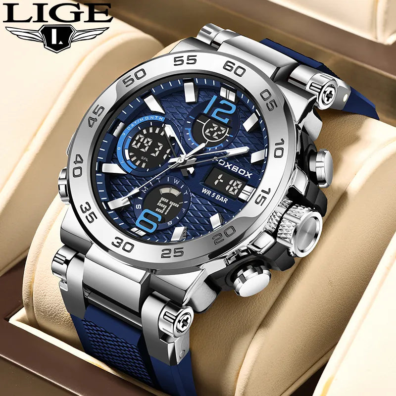 LIGE Luxury LCD Display Men's Sport Watch, Waterproof Military Quartz Male Clock