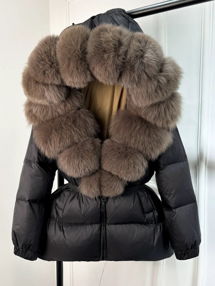 Janveny 2024 Winter Puffer Jacket Women Real Fox Fur Hooded Thick Warm 90% White Duck Down Coat Female Parkas Waterproof