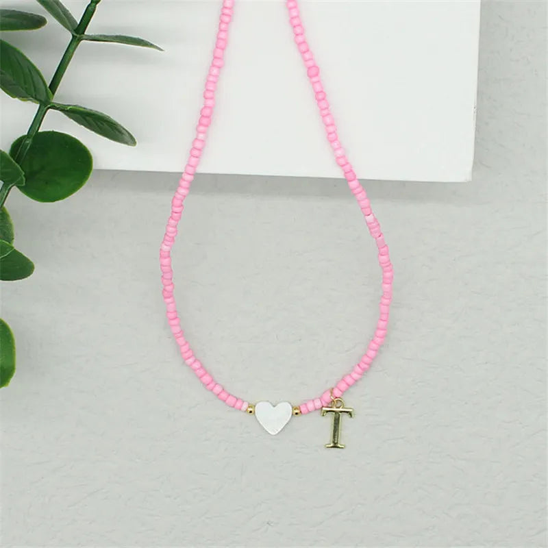 Colorful DIY Beaded Choker Necklace with Stainless Steel Letter Pendant and Shell Heart Beach Jewelry for Women