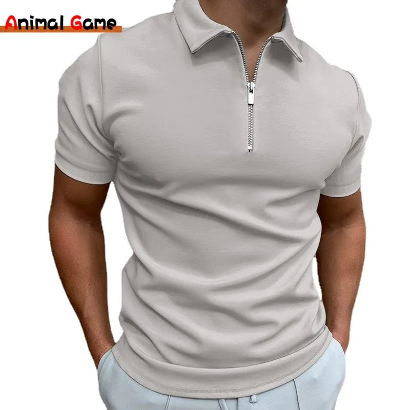 Men's Solid Color Polo Shirt, Short Sleeve with Turn-Down Collar and Zipper, Casual Streetwear Tops for Summer