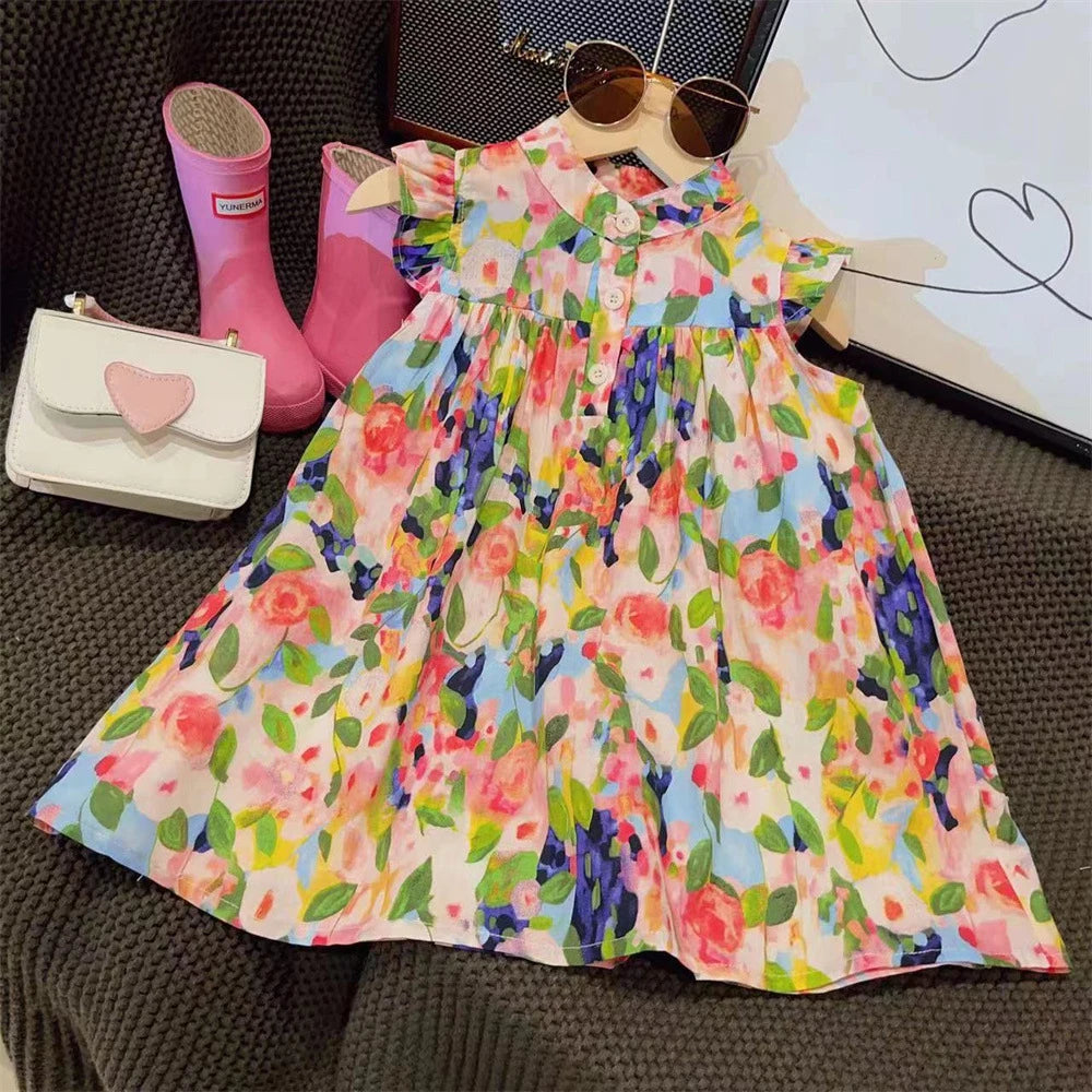 Bear Leader Girls' Dress 2023 Summer New Girls' Round Neck Flower Print Flying Sleeve Dress Fashion Children's Print Dress