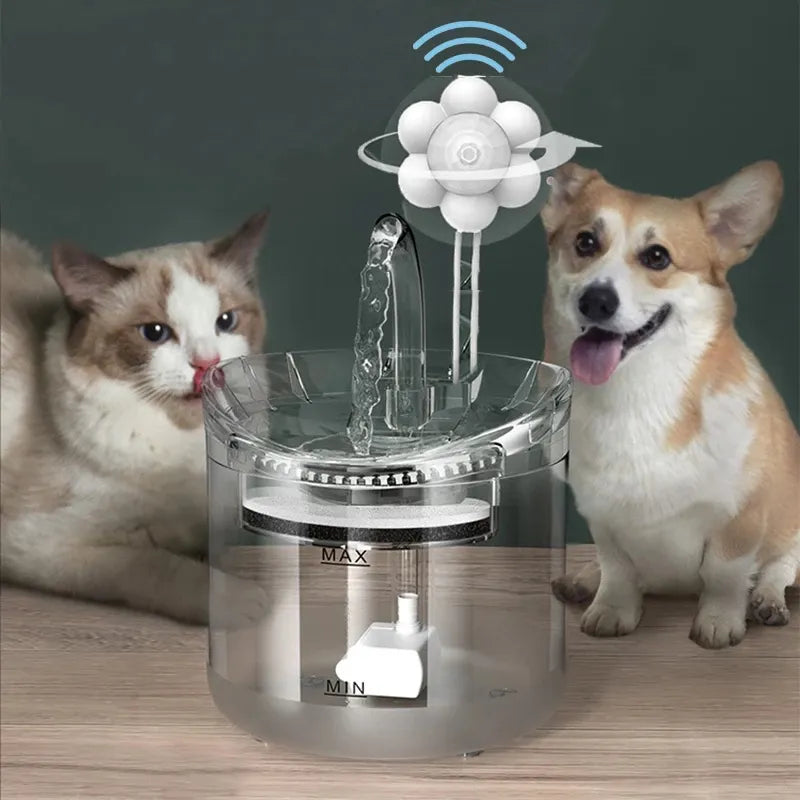 2L Smart Cat Water Fountain with Dog Water Dispenser, Transparent Pet Drinking Filters, Motion Sensor Feeder