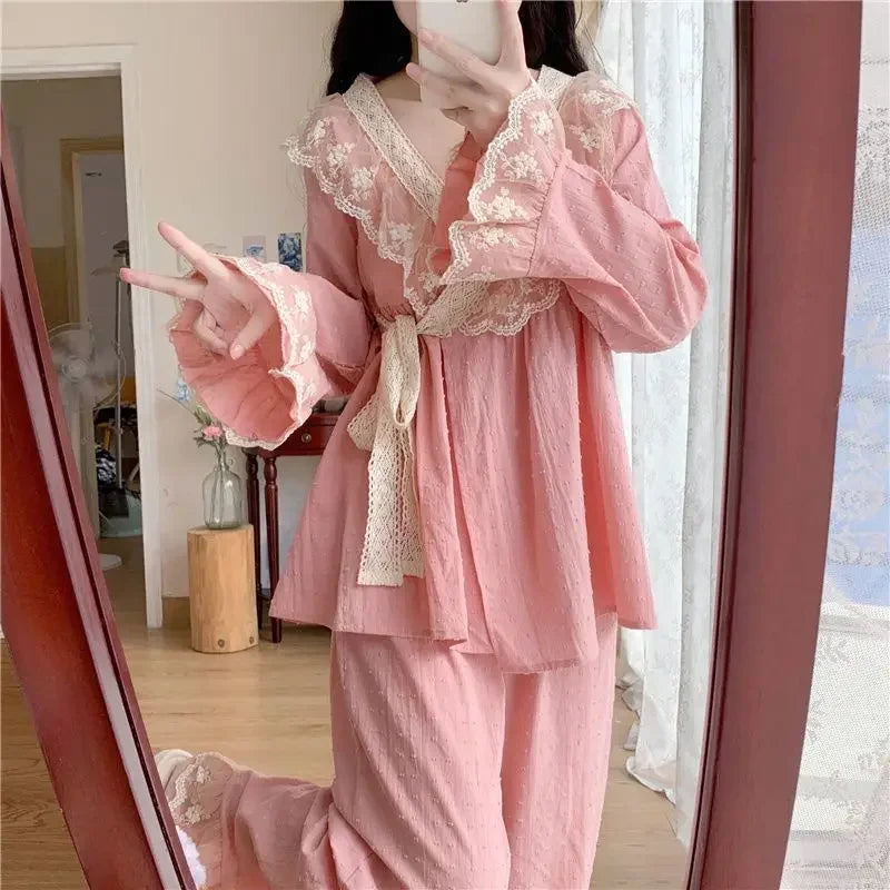 New V-neck Tied Pajama Set for Women Spring Autumn Tops Long Sleeved Pants Lace Lace Pajamas