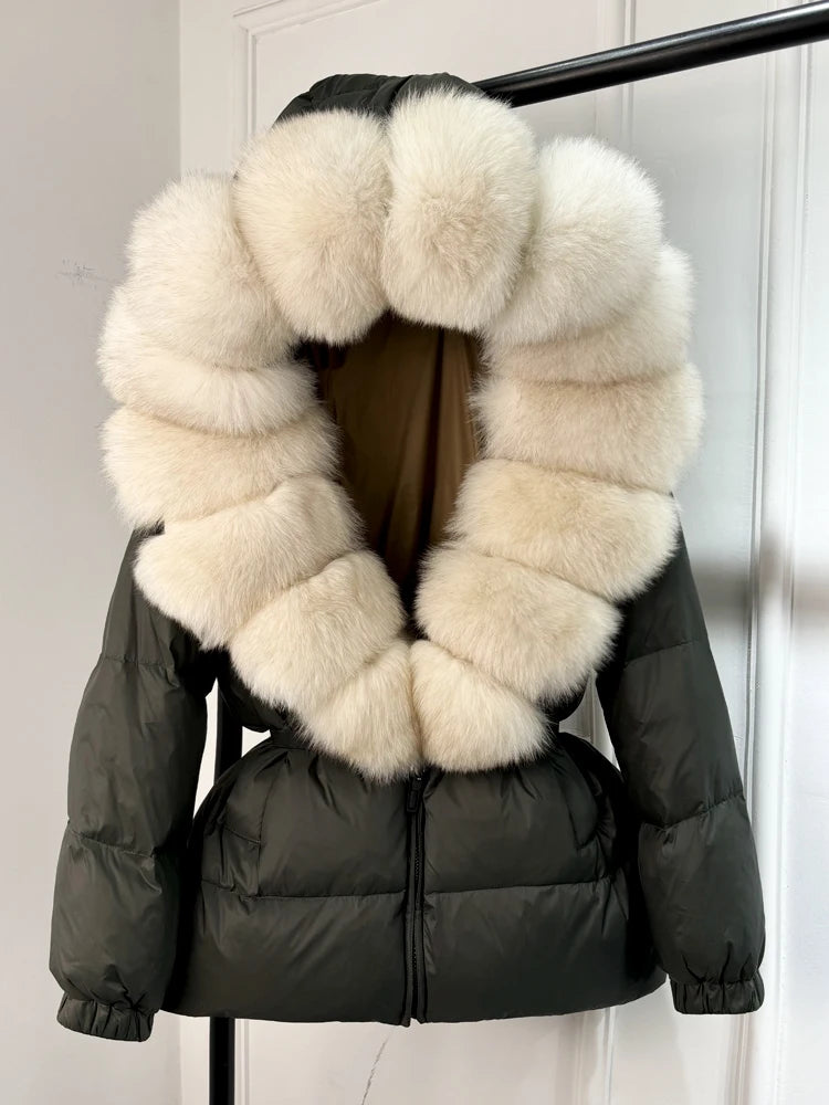 Janveny 2024 Winter Puffer Jacket Women Real Fox Fur Hooded Thick Warm 90% White Duck Down Coat Female Parkas Waterproof