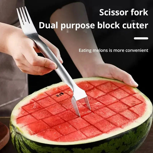 2In1 Watermelon Fork Slicer Watermelon Slicer Cutter Knife Multi-purpose Portable Stainless Steel Kitchen Fruit Cutting Fork