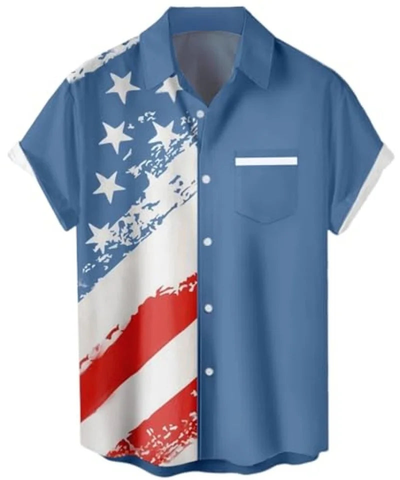 WHO IN SHOP Men's 4th of July Shirts American Flag Patriotic Shirts Short Sleeve Button Up USA Memorial Day Shirts