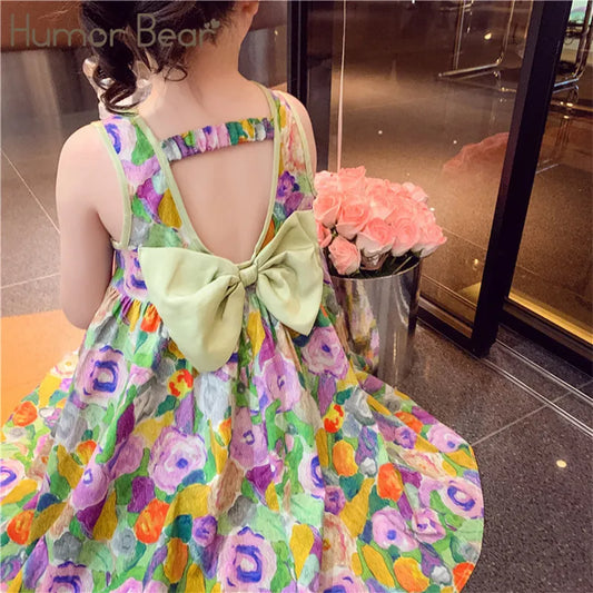 Humor Bear Kids Clothes Oil Painting Wind Dress Sweet Princess Skirt Floral Sundress Back Bow Princess Dress Girl Dress For 3-7Y