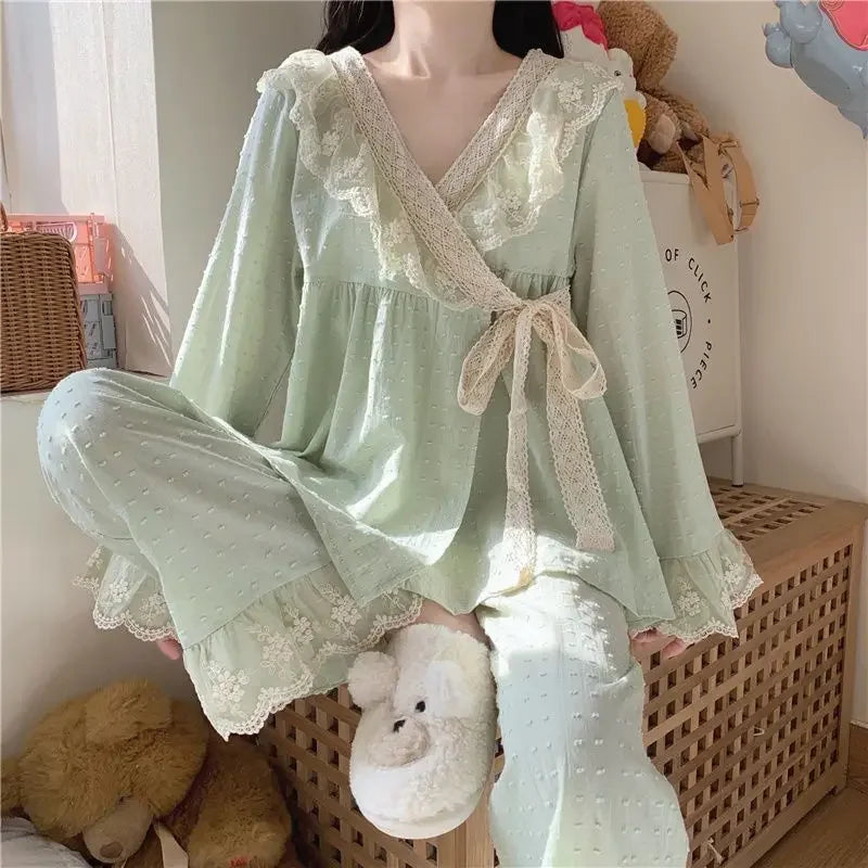 New V-neck Tied Pajama Set for Women Spring Autumn Tops Long Sleeved Pants Lace Lace Pajamas