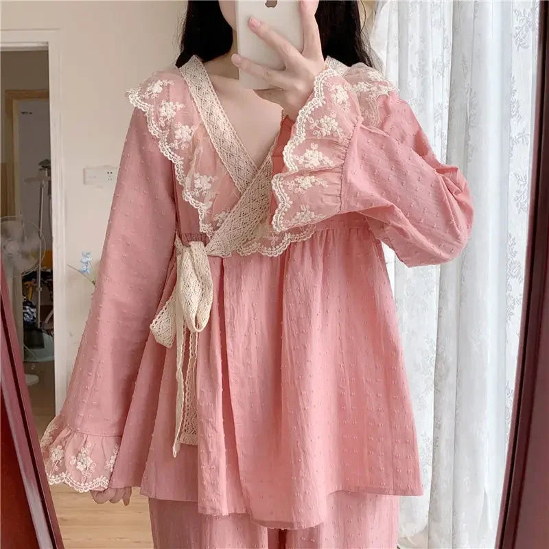 New V-neck Tied Pajama Set for Women Spring Autumn Tops Long Sleeved Pants Lace Lace Pajamas