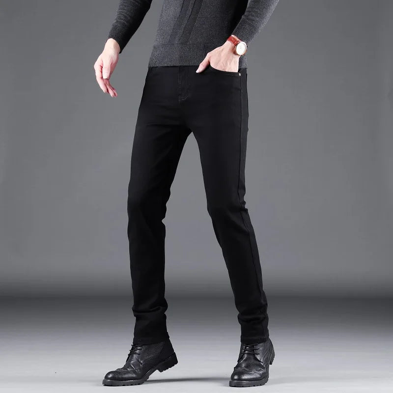 New fashion Classic black slim stretch denim trousers for men, high-quality luxury business casual jeans