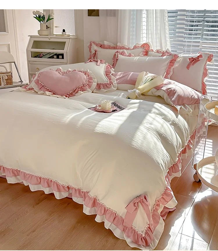 Pink Girl Bedding Set Luxury Princess Ruffle Bow Bed Linen Thicken Warm Washed Cotton Quilt Cover Sheet Pillowcase Decor Bedroom