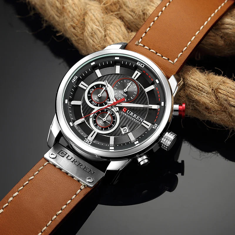 CURREN Men's Leather Sports Watch: Army Military Quartz Chronograph Wristwatch for Men