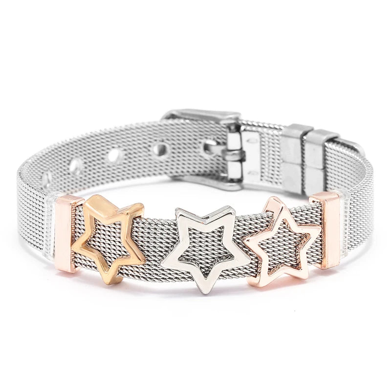 TOGORY Fashion Ladies Stainless Steel Mesh Bracelets Crystal MoM Charms Fine Bracelet Adjustable Bracelet for Mother's Day Gifts