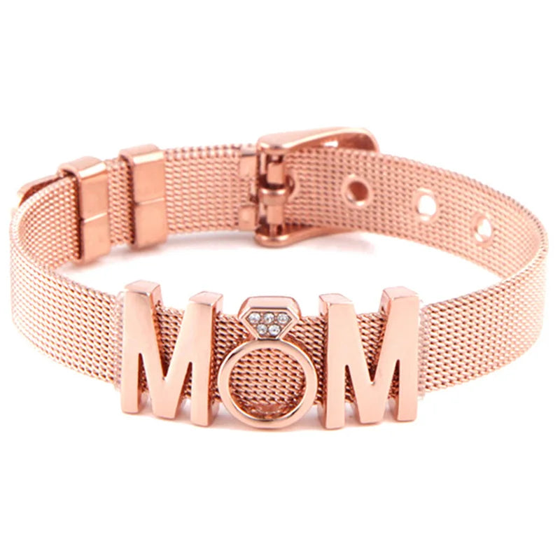 TOGORY Fashion Ladies Stainless Steel Mesh Bracelets Crystal MoM Charms Fine Bracelet Adjustable Bracelet for Mother's Day Gifts