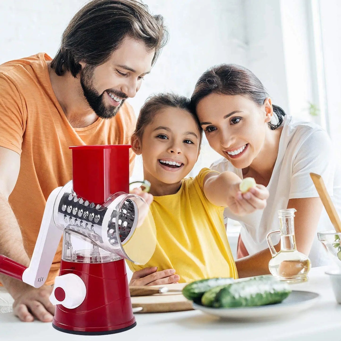 Hand-cranked roller cutter for vegetables, potatoes, and shredding in home kitchens.