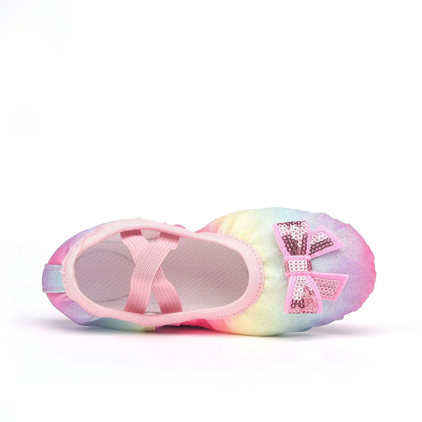 Colorful ballet shoes for girls with soft soles, featuring a shiny rainbow design, cat claw detailing, and a bow. Ideal for children's performances. Enjoy free shipping