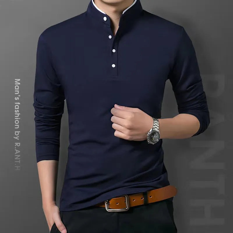 Men's Business Casual Polo Long Sleeve Shirt: Summer Comfortable and Breathable Solid Cotton Top