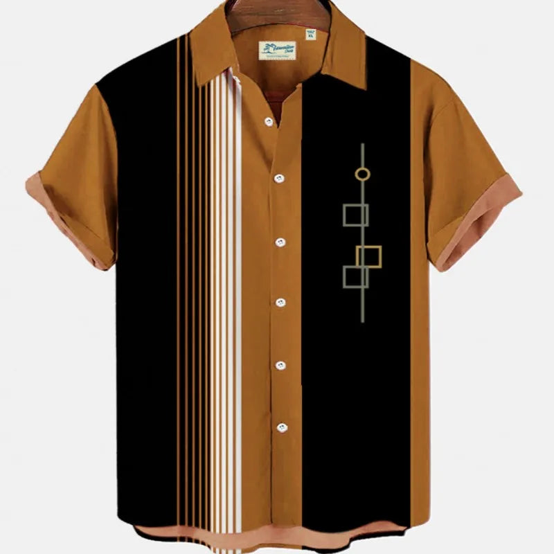 Men's Striped Elegant Blouse with Colorful Print, Ideal for Casual or Social Events. Featuring Short Sleeves and Oversized Fit, Complete with Fashionable Cufflinks