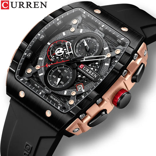 Luxury square quartz wristwatch for men with luminous chronograph and date function, waterproof