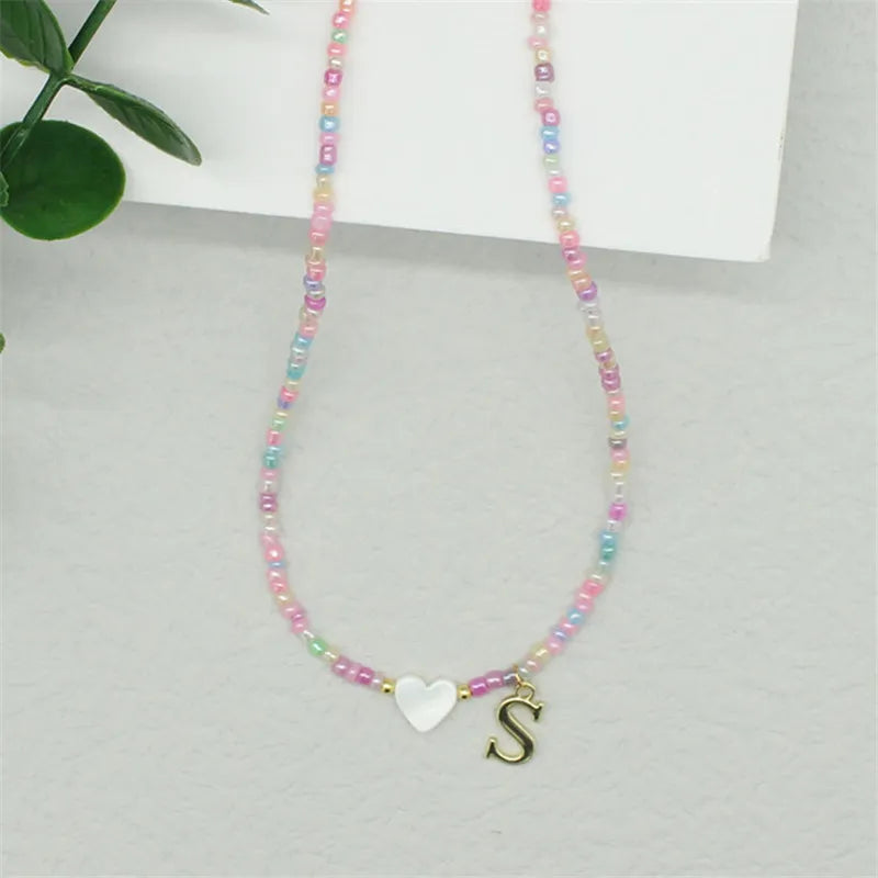 Colorful DIY Beaded Choker Necklace with Stainless Steel Letter Pendant and Shell Heart Beach Jewelry for Women