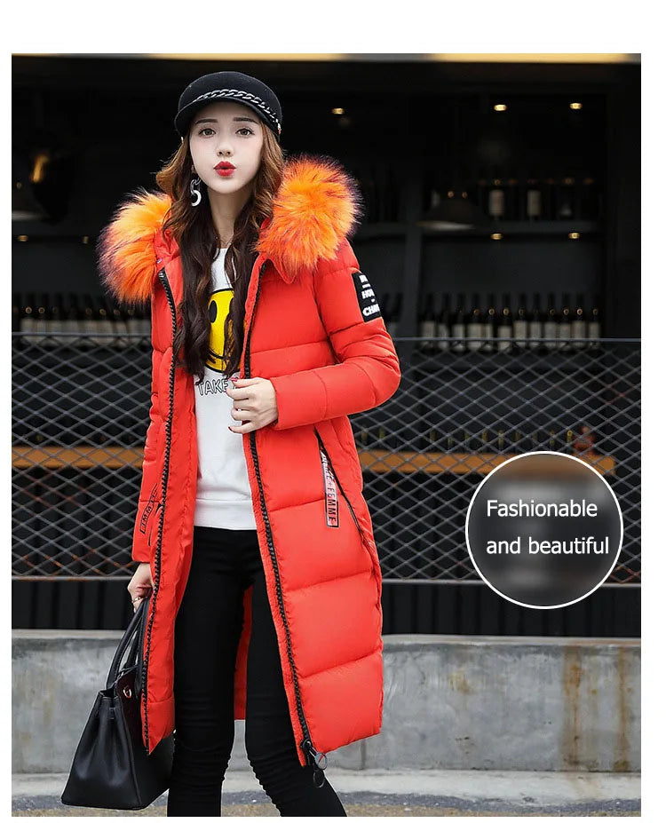 2024 Women's Down Parkas Winter Jacket Big Fur Collar Thick Slim Coat Fashion Hooded Cotton Outerwear Long Autumn Woman Jacket