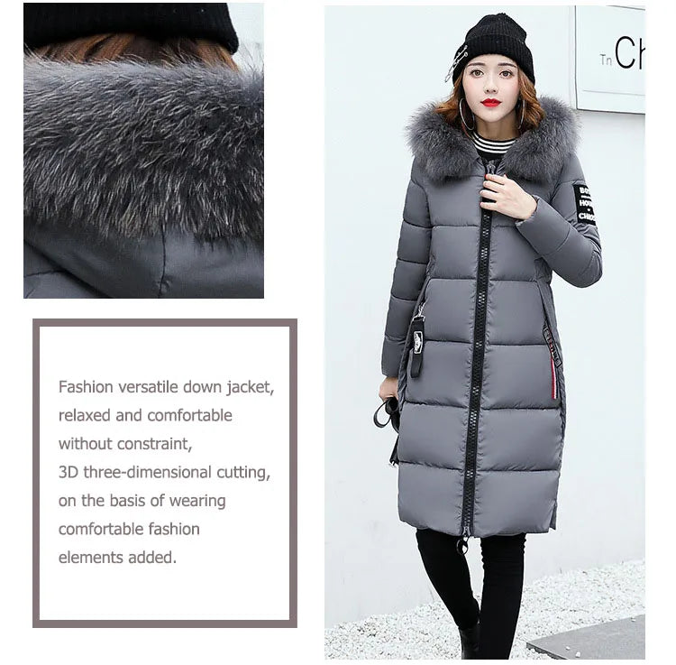 2024 Women's Down Parkas Winter Jacket Big Fur Collar Thick Slim Coat Fashion Hooded Cotton Outerwear Long Autumn Woman Jacket