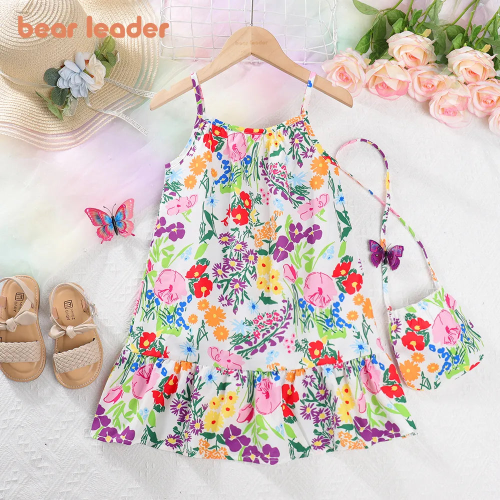 Bear Leader Children's Wear 2023 Summer Girls' Flower Print Sleeveless Strap Fashion Dress Girls' Kids Beach Holiday Print Dress