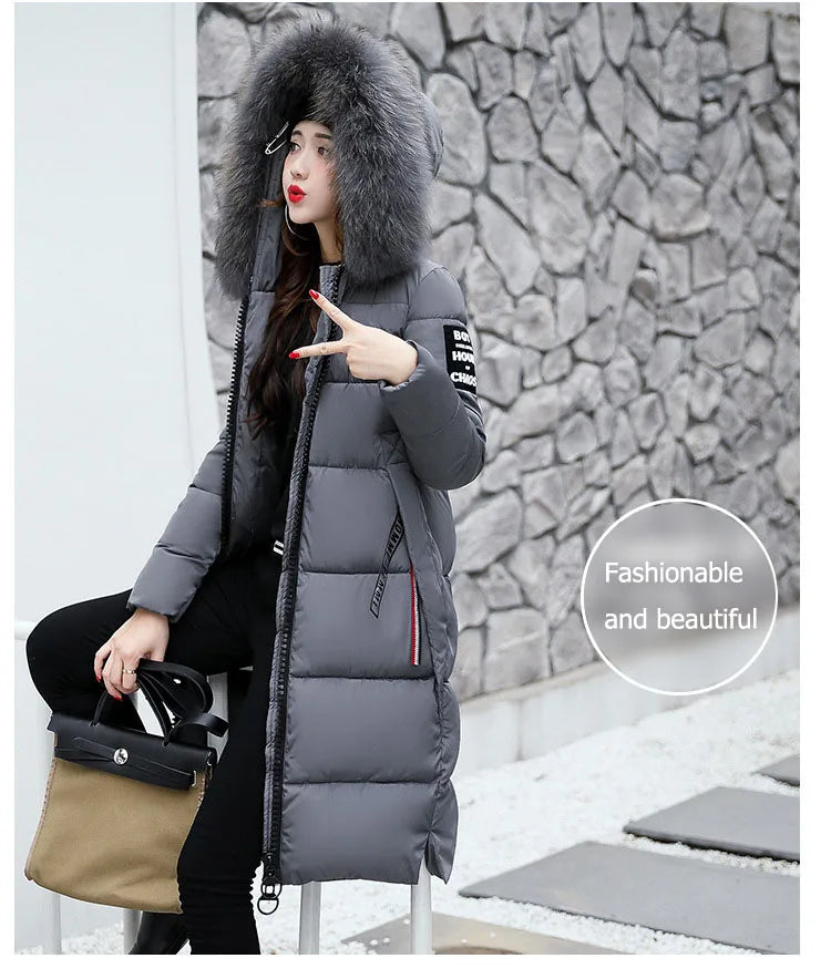 2024 Women's Down Parkas Winter Jacket Big Fur Collar Thick Slim Coat Fashion Hooded Cotton Outerwear Long Autumn Woman Jacket