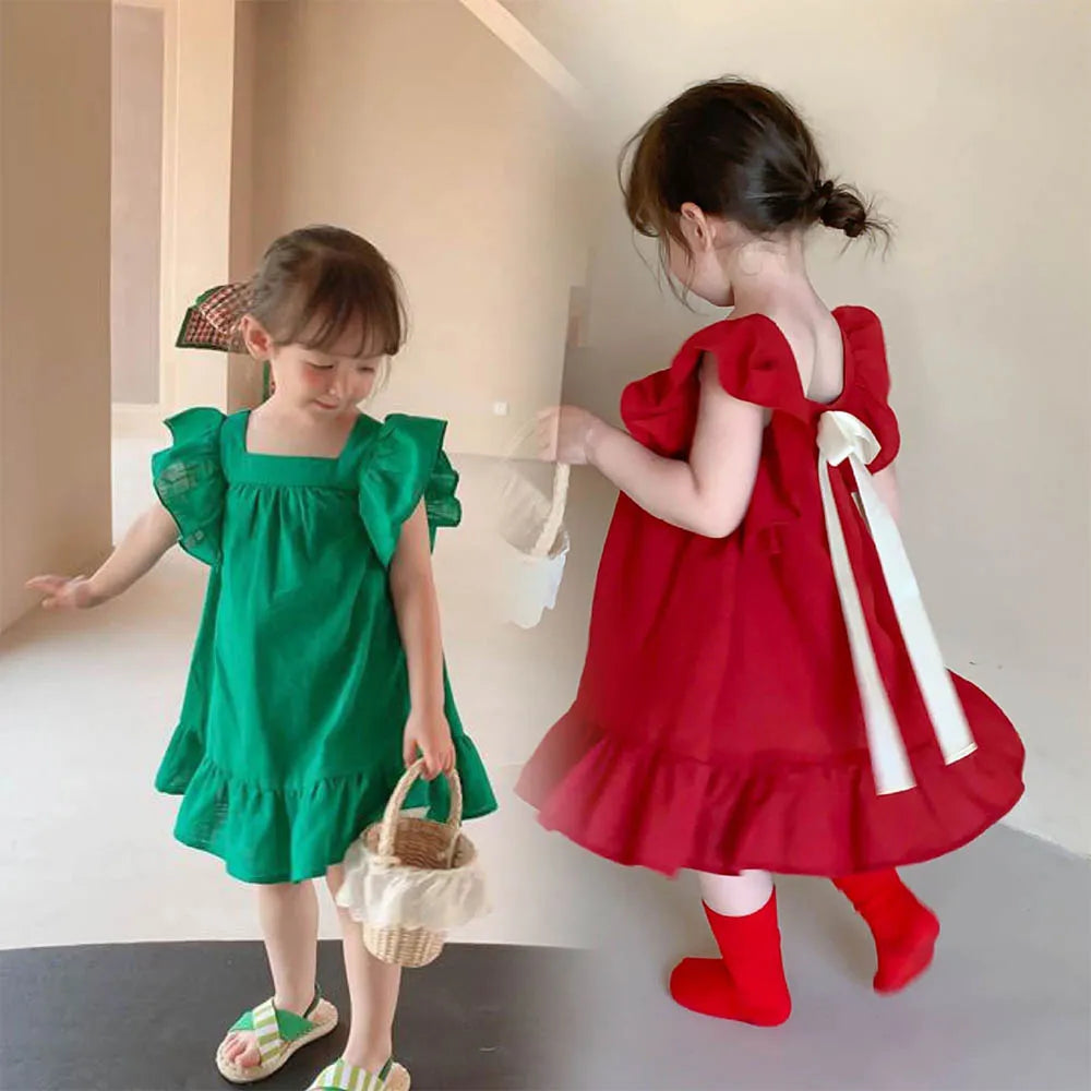 Bear Leader Summer Girls Dresses Flying Sleeve Dress Casual Ruffled Dresses Solid Back Bowknot A Line Baby Dresses Kids Clothes