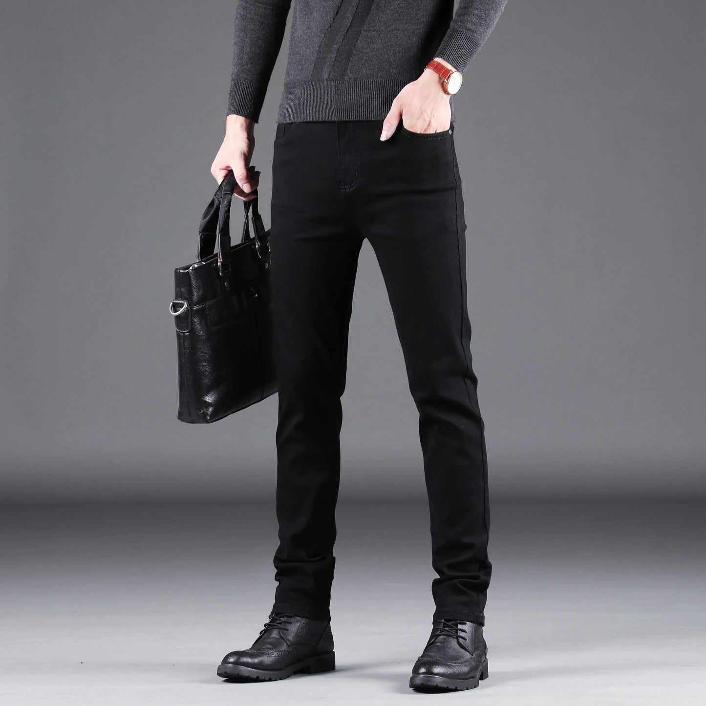 New fashion Classic black slim stretch denim trousers for men, high-quality luxury business casual jeans