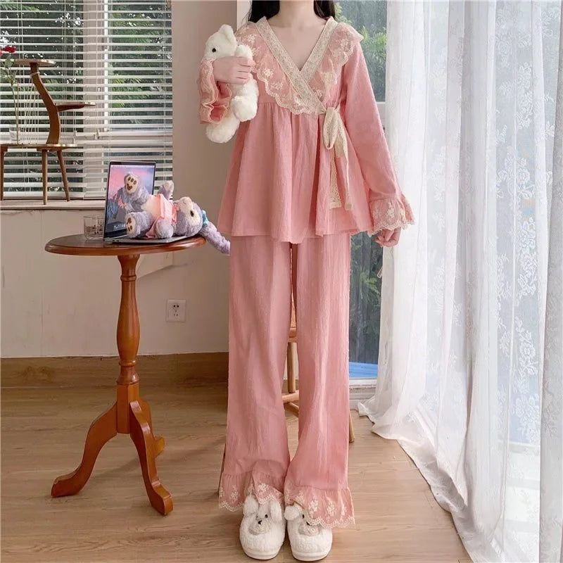 New V-neck Tied Pajama Set for Women Spring Autumn Tops Long Sleeved Pants Lace Lace Pajamas